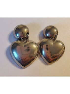 Vintage Silver Tone Heart Dangle Clip On Earrings, Lightweight, 2" Bubble Button